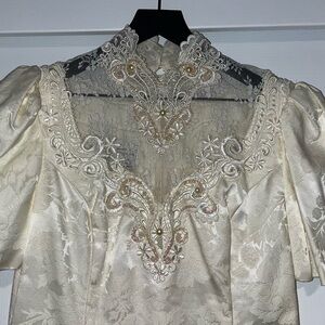 Vintage 90s Scott McClintock Ivory Lace Appliqué Wedding Dress Size 12 High Neck